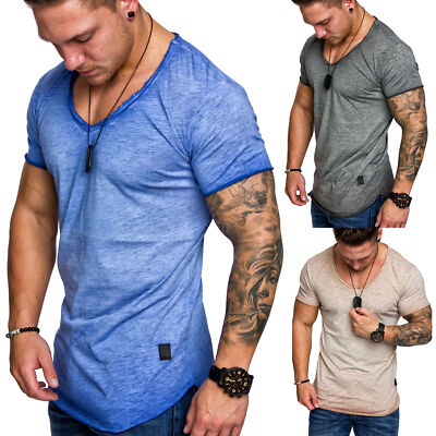 Oversize Herren Vintage T-Shirt Verwaschen V-Neck Basic V-Ausschnitt Shirt 6034