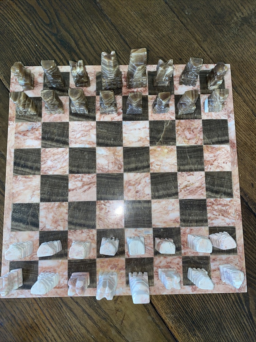 Vintage Hand Carved Mexican Marble Onyx 32 Pc. Aztec Chess Set-13