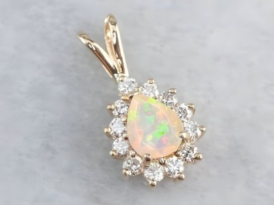 4Ct Pear Cut Fire Opal Teardrop & Diamond Pendant 14K Yellow Gold Over 18'' Chain
