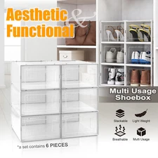 6PCS SML Foldable Stackable Plastic Shoe Box Storage Organizer Transparent Case