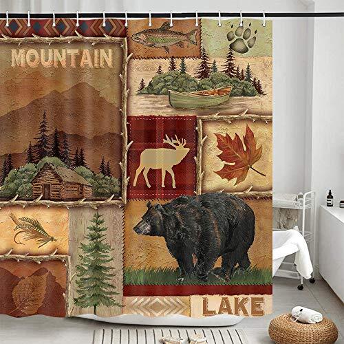Rustic Bear Shower Curtains Set, Lake Country Lodge Cabin Moose Fabric RV - Picture 2 of 7