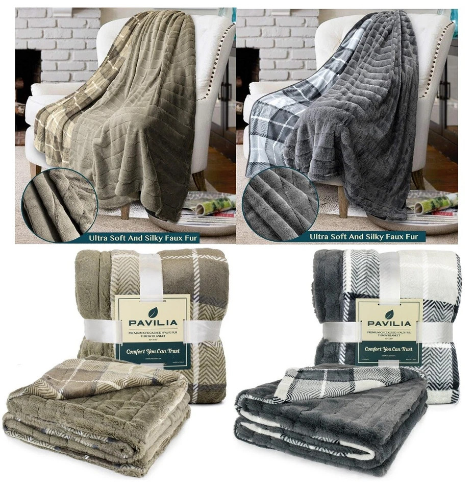 Plaid Sherpa Throw Blanket Fleece Checkered Soft Plush Warm Couch Bed Blanket - Image 4 of 4