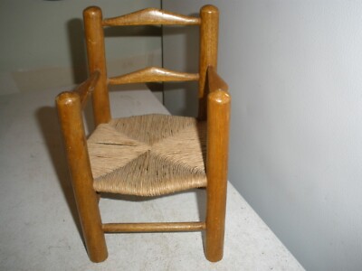 Vintage Small Wood Straw Wicker Doll Chair Toy Home Decor 9  Tall 