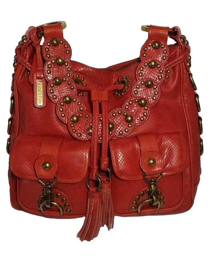 ISABELLA FIORE SNAKE CHARMER RED STUDDED EMBOSSED LEATHER SHOULDER HANDBAG $695