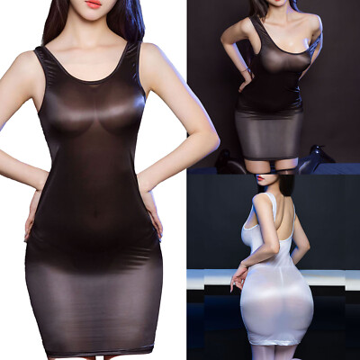 Woman's Glossy Oil Dress Lingerie Stretchy Tank Top Sleepwear Bodycon Dresses