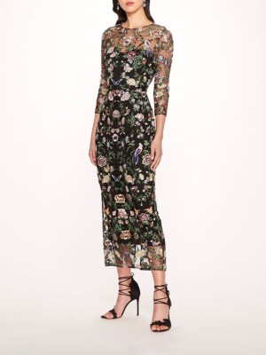 Marchesa Notte NEW Long Botanical Floral Embroidered Midi