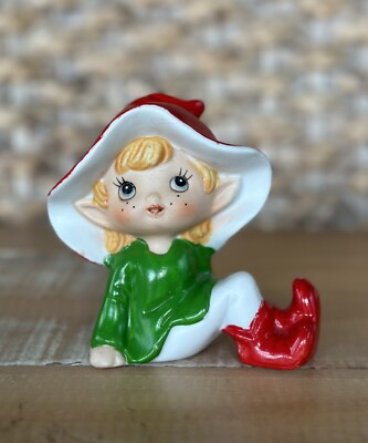 Vintage Christmas Red And Green Painted Elf Pixie Ceramic Figurine