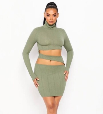 long sleeve olive green bodycon dress 🆕Olive Green Knit Long Sleeve Turtleneck Mid Cut-Outs Bodycon Dress~Size M