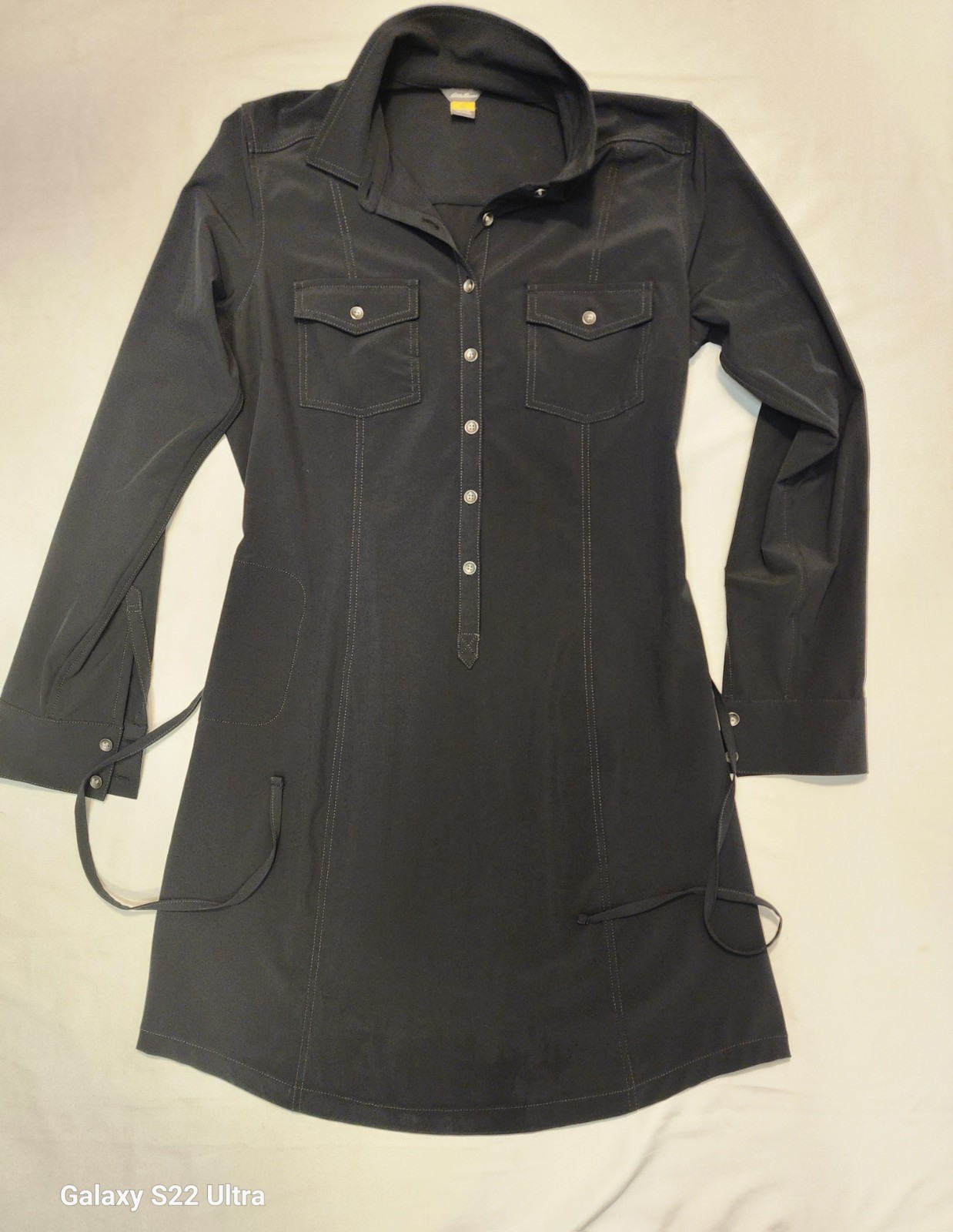 Eddie Bauer Travex Shirt Dress Womens Medium Gray Roll Tie Long Sleeve Outdoor