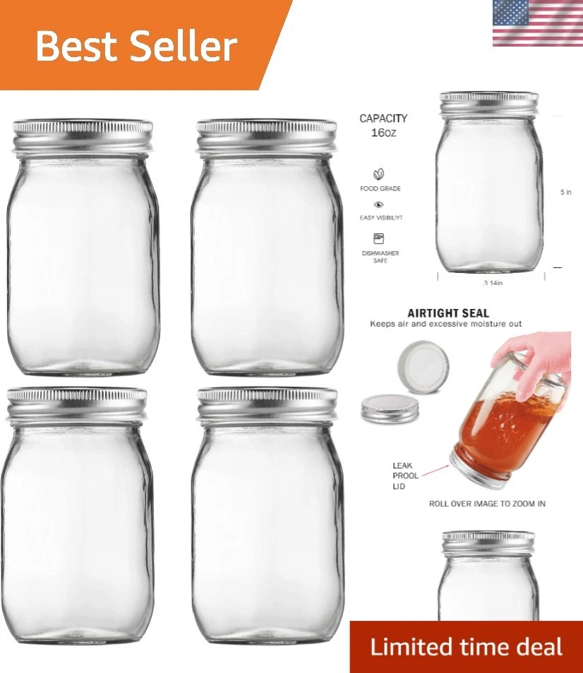Glass Mason Jars Food Storage Canning Jars 16oz Clear 4 Pack