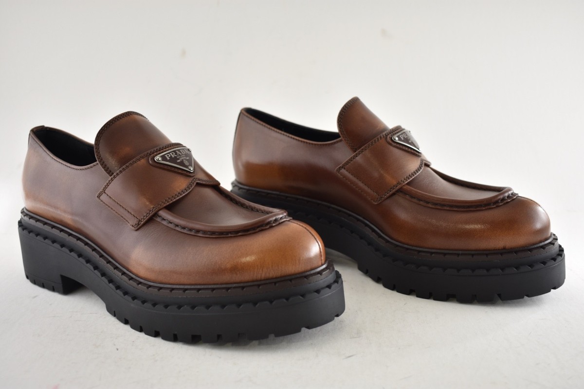 Prada Double Chocolate Cognac Brown Leather Platform Loafer
