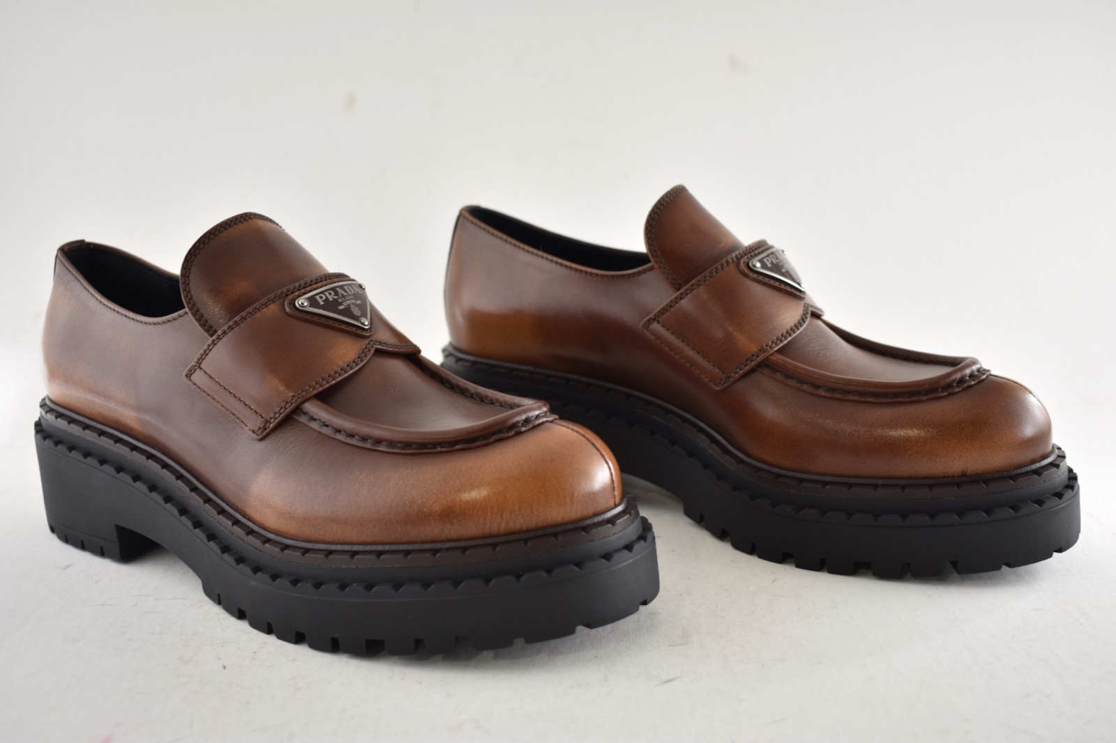 Prada Double Chocolate Cognac Brown Leather Platform Loafer Creeper Flat 37.5 image 4