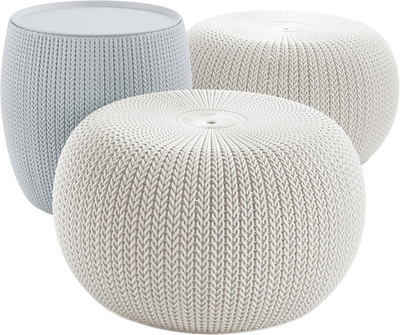 Keter Urban Knit Pouf Ottoman Set of 2 with Storage Table for Patio and Room Déc