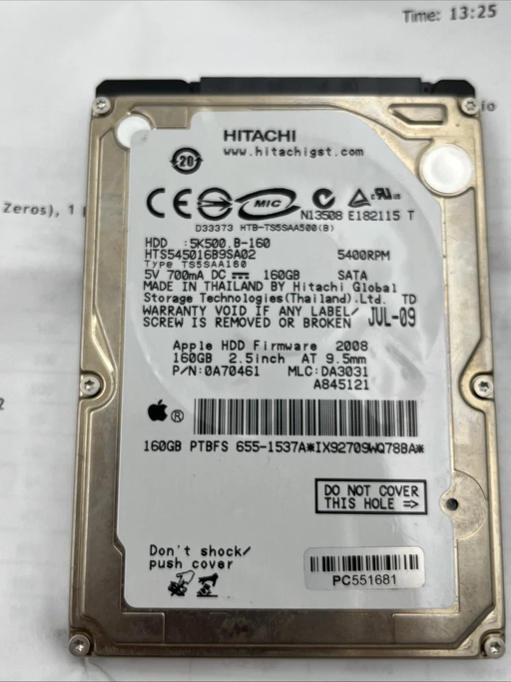  Hitachi HTS545016B9SA02 160GB,Internal,5400 RPM,6.35 cm (2.5") (0A70461) - Image 2 of 4