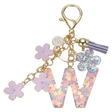 Alphabet W Tassel Cherry Blossom Initial Letter Keychain (Purple, Pack of 1)