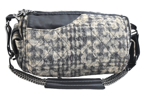 Authentic CHANEL Camellia Canvas Leather Shoulder Hand Bag Purse Black AD301