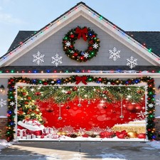 Christmas Garage Door Cover Decorations Backdrop 16x7ft, Red Green