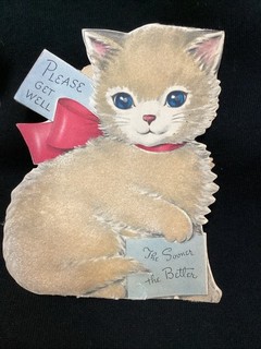 Vintage Cat kitten FLOCKED DOUBLE SIDED GET WELL greeting card antique