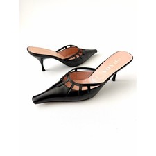 PRADA Vintage Black Leather Pointed Square Toe Cutout Kitten Heel Mules 37.5