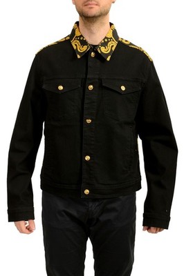 Versace Men's Black Denim Signature Print Button Down Jacket US 2XL IT 56