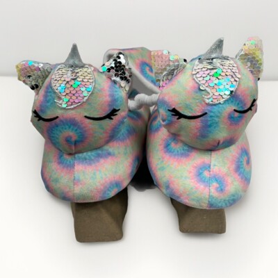 Girls Size XL (3/4) Puffy Slippers w/Sleep Mask Unicorn Sequin Tie-Dye Rainbow