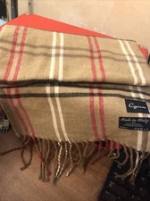CEJON Scarf Tan Plaid Fringe Soft Made in Italy 11" x 65" preowned