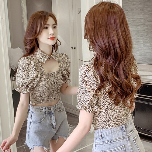 Femme Léopard Haut Court Chemisier Manches Ballons Slim Creux Sortie Été T-Shirt - Bild 1 von 12