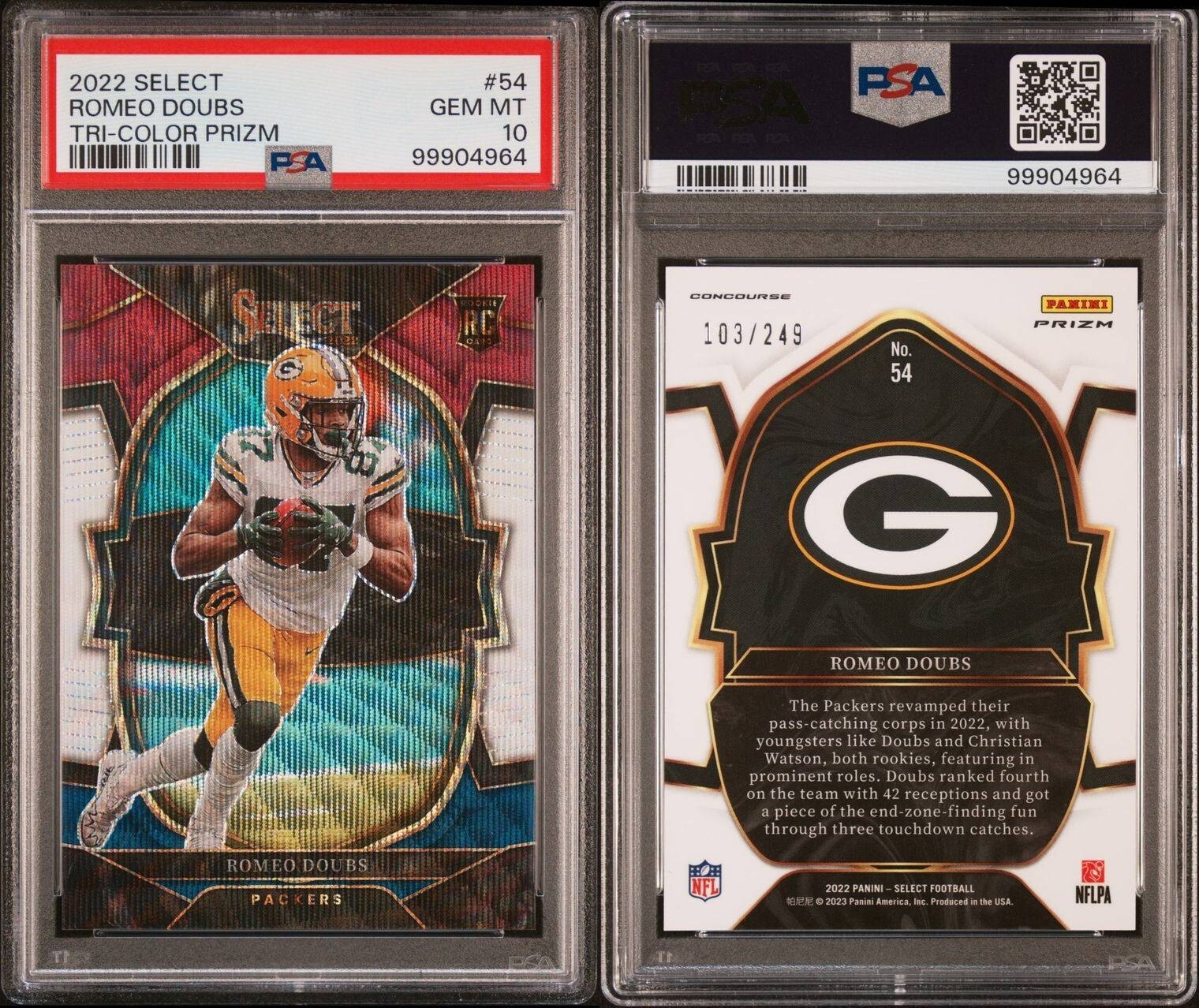 2022 Panini Select #54 Romeo Doubs Tri-Color Prizm #/249 PSA 10 (Pop 8)