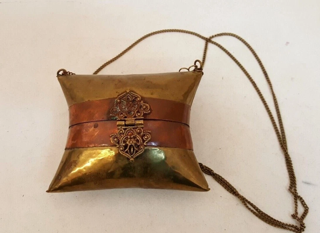 Vintage brass copper metal purse with chain strap purple lining