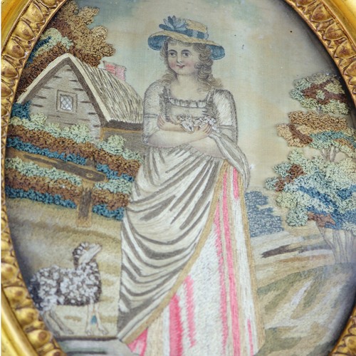 Ein bezauberndes antikes georgisches Hirtenbild bestickt & Aquarell um 1800 - Bild 3 von 6