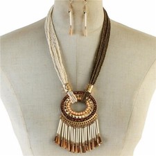 Multi Strand Multi Brown Cream Dangle Oval Pendant Necklace Earring Set