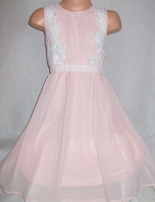 GIRLS ZIG ZAG PATTERN LACE GOLD TRIM BRIGHT PINK CHIFFON CONTRAST PARTY DRESS