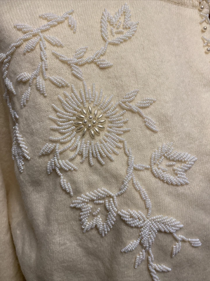Fabuloso Cárdigan Suéter Marfil Blanco Con Cuentas Forrado Lana de Cordero Angora Talla 44 M/L Foto 3 de 4