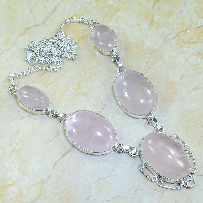 Handmade Pink Rose Quartz Gemstone 925 Sterling Silver Necklace 20