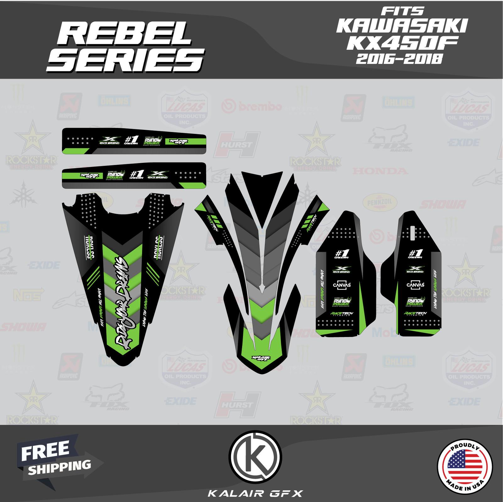 Graphics Kit for Kawasaki KX450F (2016-2018) KX 450F Rebel - GREEN