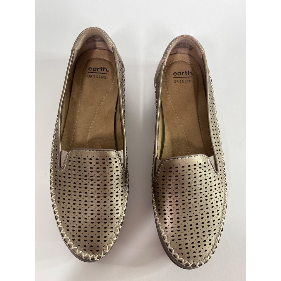 Earth Origins Shoes Womens Loafers Flats Size 9.5 Cushion Gold Leather