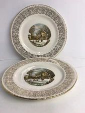 Homer Laughlin Currier & Ives The Farmers Home Winter Salad Plates X2 7 1/2”