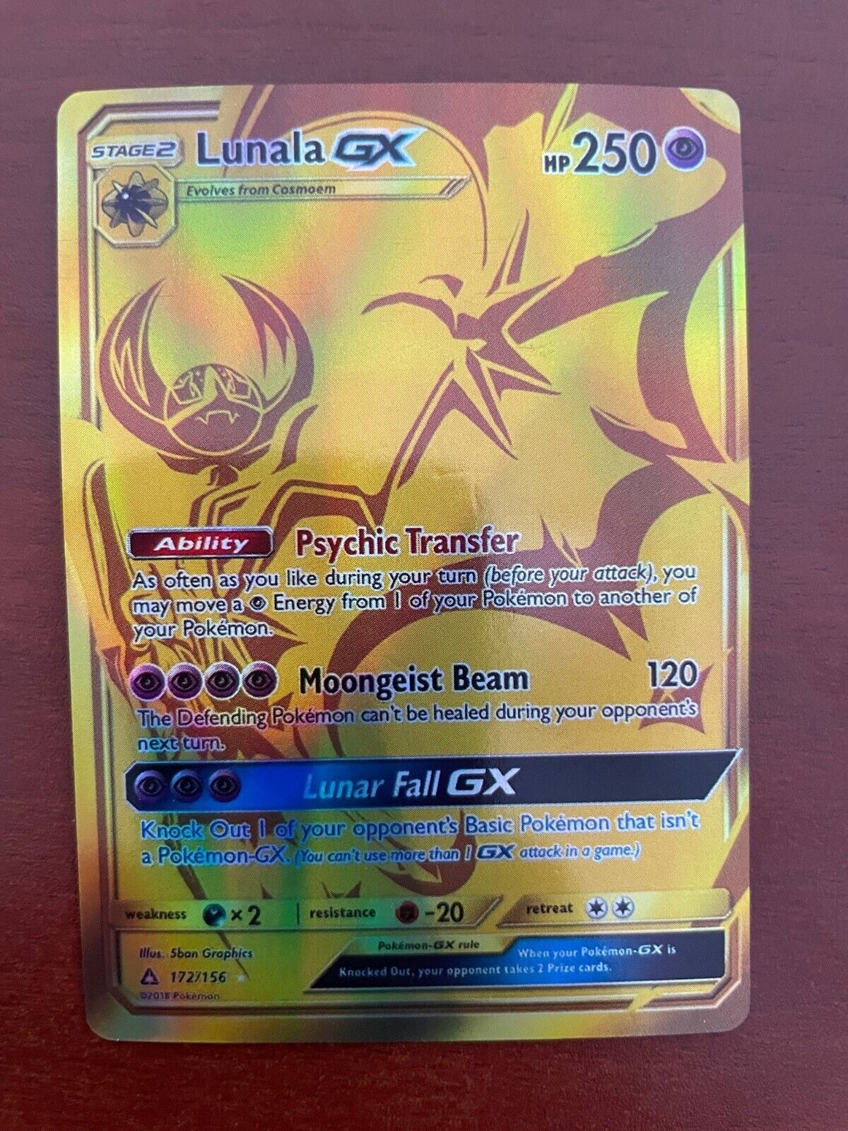 Pokémon Lunala GX Gold Secret Rare 172/156 Ultra Prism Rarest Card