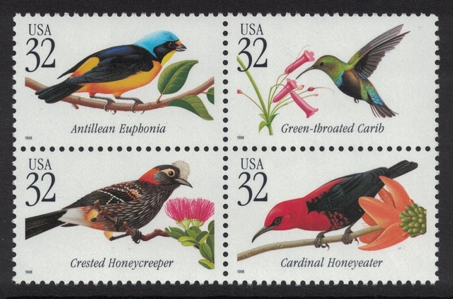 Scott 3222-25- Tropical Birds Block of 4- MNH 32c 1998- unused mint stamps Scott 3222-25- Tropical Birds Block of 4- MNH 32c 1998- unused mint stamps