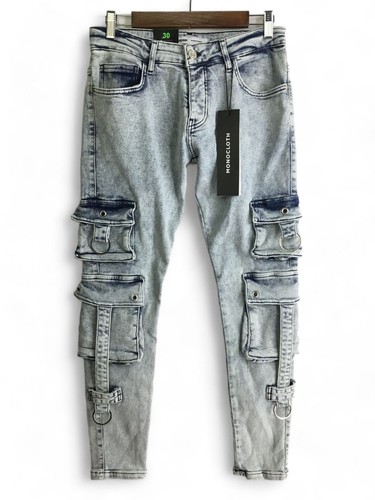 Monocloth Jeans Mens 30 Acid Wash Cargo Slim Fit Button Fly Skate 2Y Denim NEW