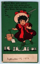 Mistress Mary Postcard Arts Crafts Rake Boots Bucket And Shovel 1912 Antique