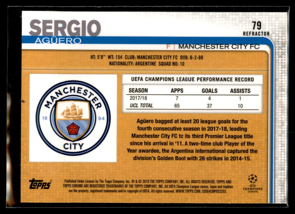 2018-19 Topps Chrome UEFA Champions League REFRACTOR #79 Sergio Aguero - Image 2 of 2
