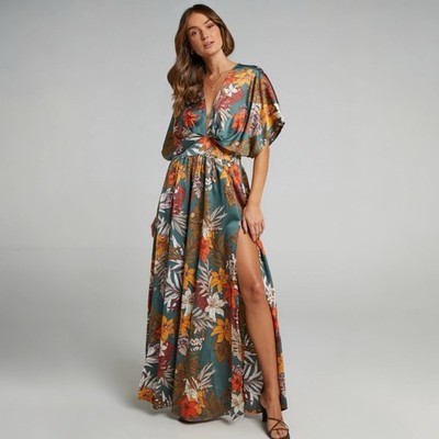Showpo Vacay Ready Maxi Dress Size 14 Floral Plunge Neckline Thigh High  Slit | eBay