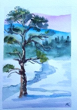 5x7 in ORIGINAL watercolor painting - Christmas card  Winter Landscape  -  MK