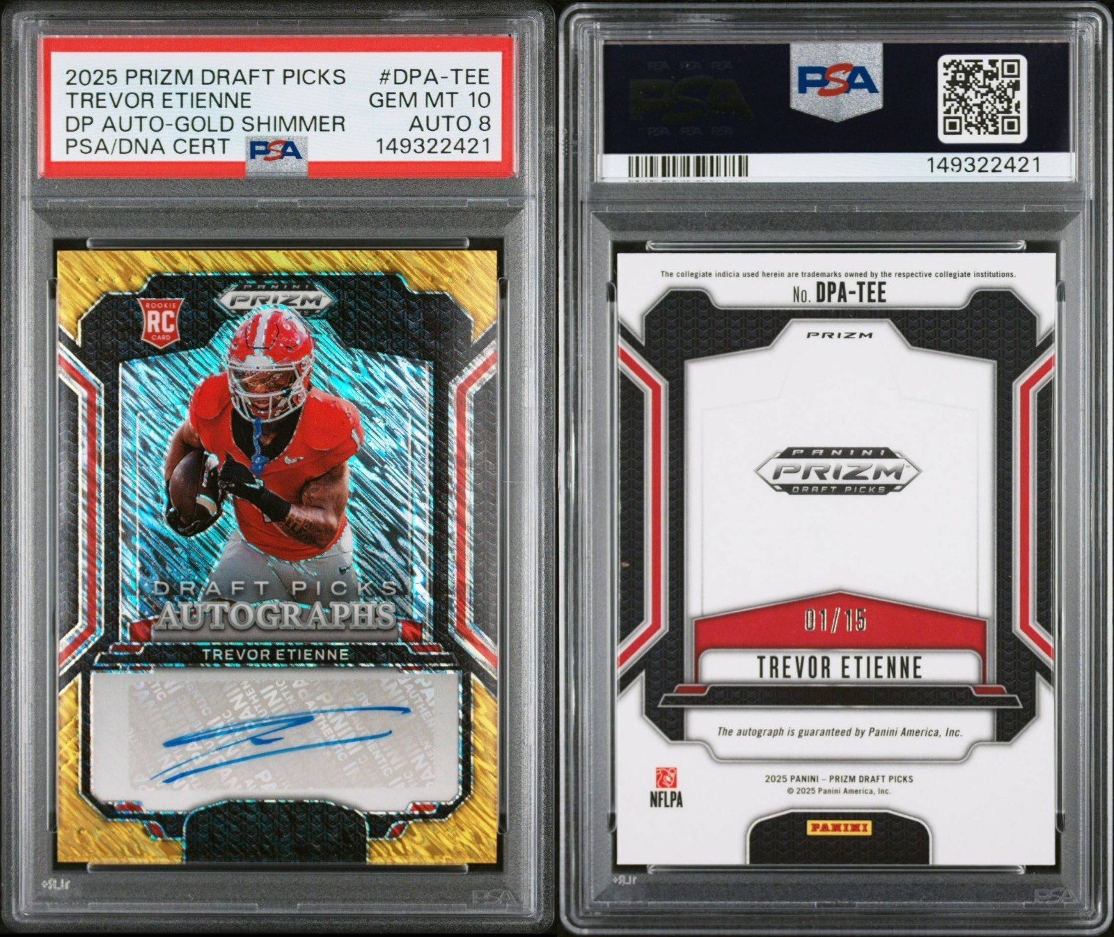 2025 Prizm Draft Picks Trevor Etienne Gold Shimmer RC Auto 01/15 PSA 10 Auto 8