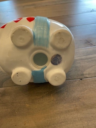 Cute ceramic piggy bank with a blue bow and pink cheeks by Nanco 6.5" x 5" x 5" - Picture 4 of 4