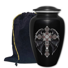 Cremation Urn for Human Ashes Adult Large Black Cross Wings 10 In Urns 200 Cu In