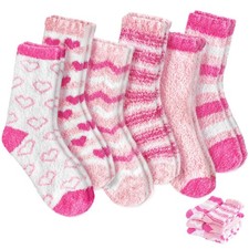 6 Pairs Womens Fuzzy Socks,Cozy Fluffy Slipper Sock,Pink Heart Sleep Socks fo...