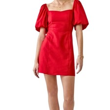 Francesca's Mi Ami Bow Back Valentine's Puff Sleeve Mini Dress Linen Blend Sz S