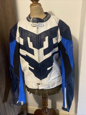 PROTO PROTEC BLACK WHITE & BLUE LEATHER BIKER JACKET WITH ARMOUR 52  INCH
